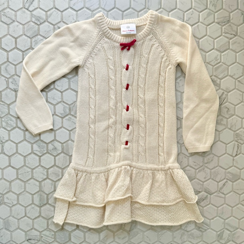 Girls Hanna Andersson Cable Knit Holiday Sweater Dress w/ Red Ribbon (Size 100)